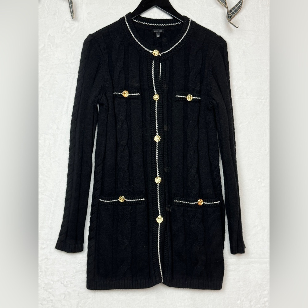 TALBOTS Cotton Blend Preppy Chunky Black Cable Knit Cardigan Gold Buttons SZ S. - Picture 2 of 12